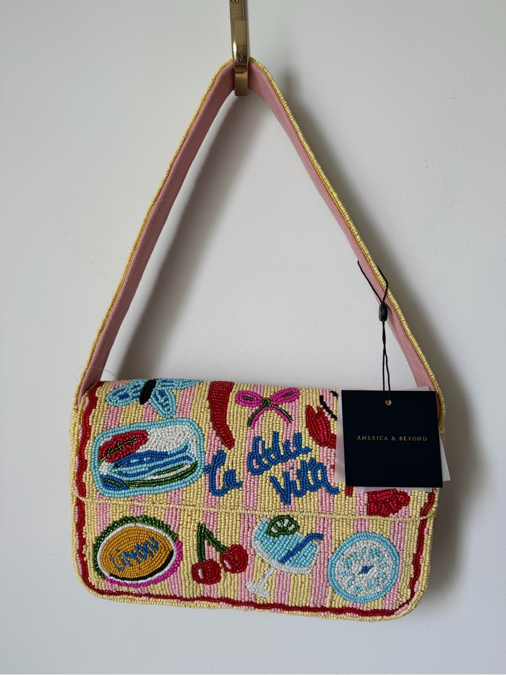 Viral beaded La Dolce Vita yellow striped Shoulder Bag - Picture 8 of 8